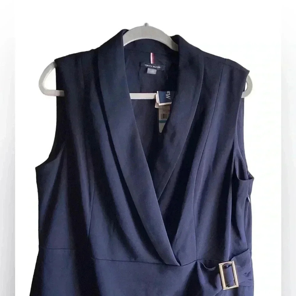 NWT Tommy Hilfiger 16. Navy Collared V-neck Sleeveless Blazer Wrap Midi Dress - Picture 2 of 5